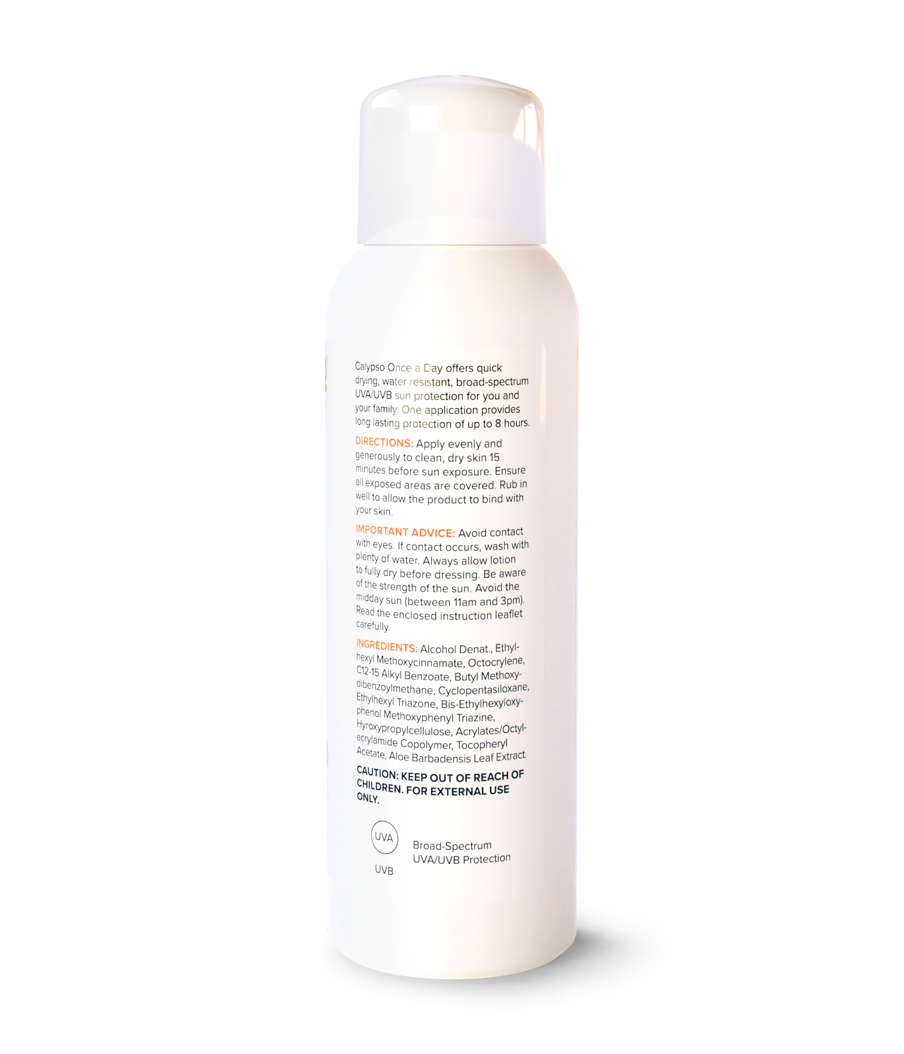 Calypso Once a Day sunscreen SPF10 bottle back